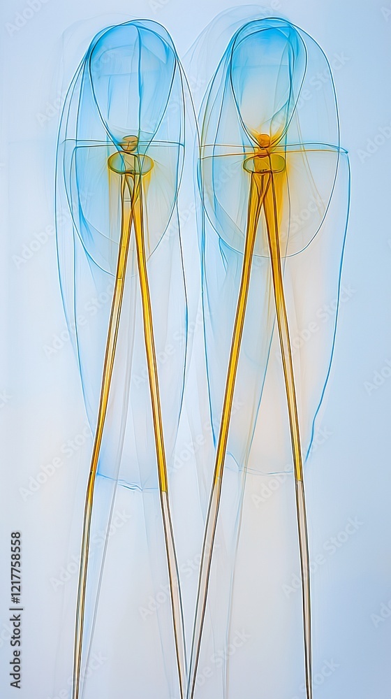 Microscopic view of diatoms, symmetrical, blue and gold hues, translucent. Microscopic view of diatoms, symmetrical, blue and gold hues, translucent.