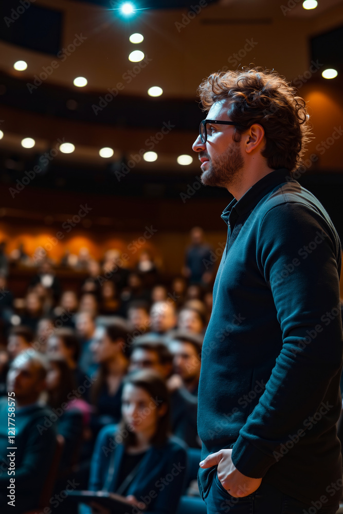 Fototapeta premium A man standing in front of an audience in a lecture hall