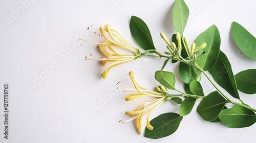 Delicate yellow honeysuckle flowers and green leaves arranged artistically on a clean white background.