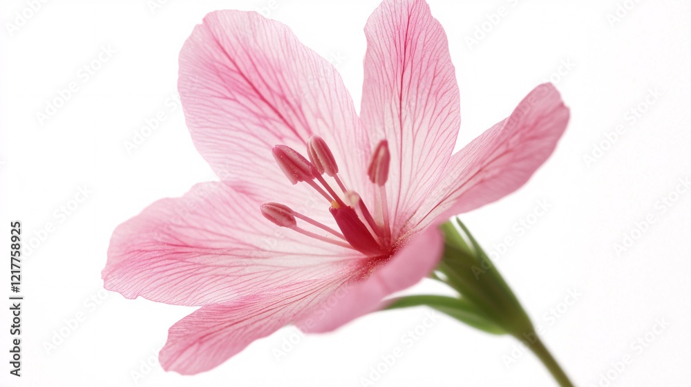 Obraz premium Delicate pink flower with fine veins against a soft white background.