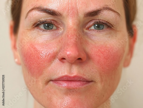 Rosacea treatment before red irritated skin after smooth clear cheeks photo