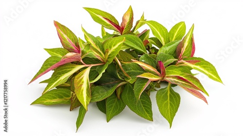 Vibrant green and pink foliage of a plant, showcasing fresh leaves with striking patterns against a white background.