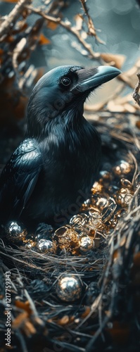 Raven in nest, forest background, shiny objects, nature photo