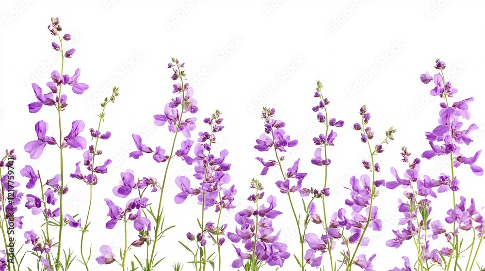 A vibrant arrangement of purple wildflowers against a white background, showcasing their delicate beauty and intricate details. A vibrant arrangement of purple wildflowers against a white background, showcasing their delicate beauty and intricate details.