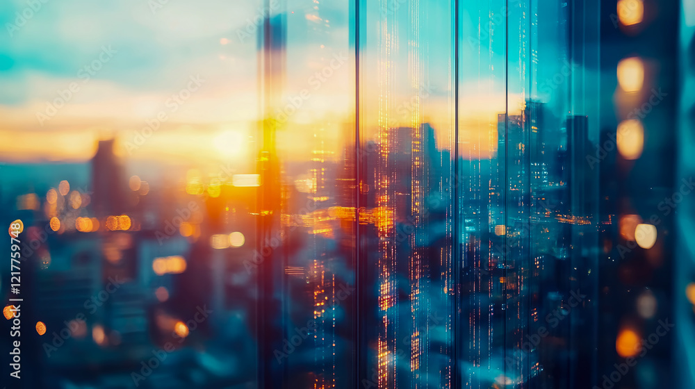 Obraz premium Urban Sunset: City Lights Through Glass, A Stunning Aerial View