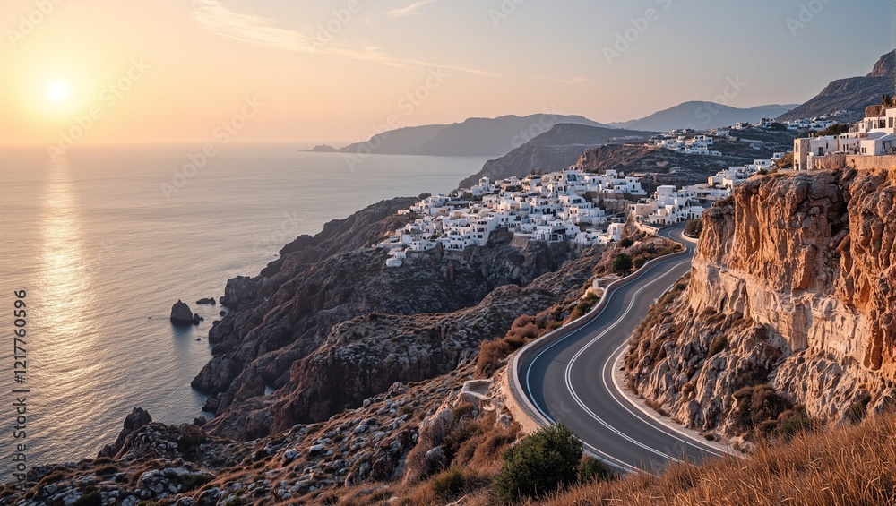 Fototapeta premium Scenic coastal road in Greece with cliffs villages and setting sun