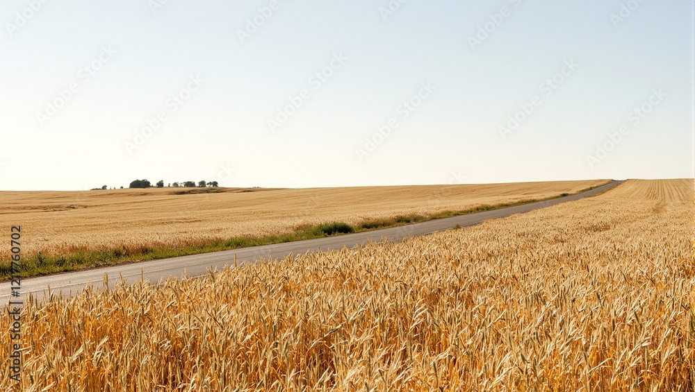 Obraz premium Golden wheat field in Kansas road stretching to horizon under clear sky
