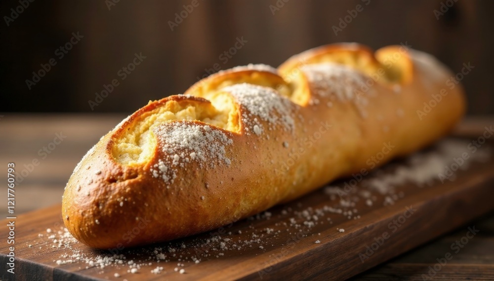 Freshly baked baguette on a rustic wooden table, rustic wood, airy Freshly baked baguette on a rustic wooden table, rustic wood, airy