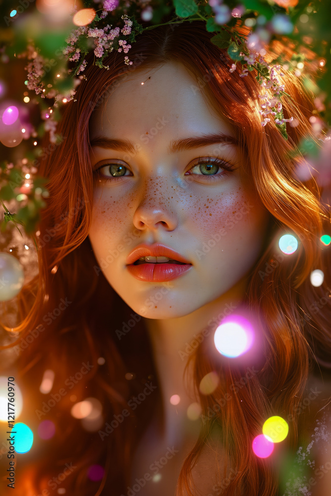 A woman with a wreath of flowers on her head