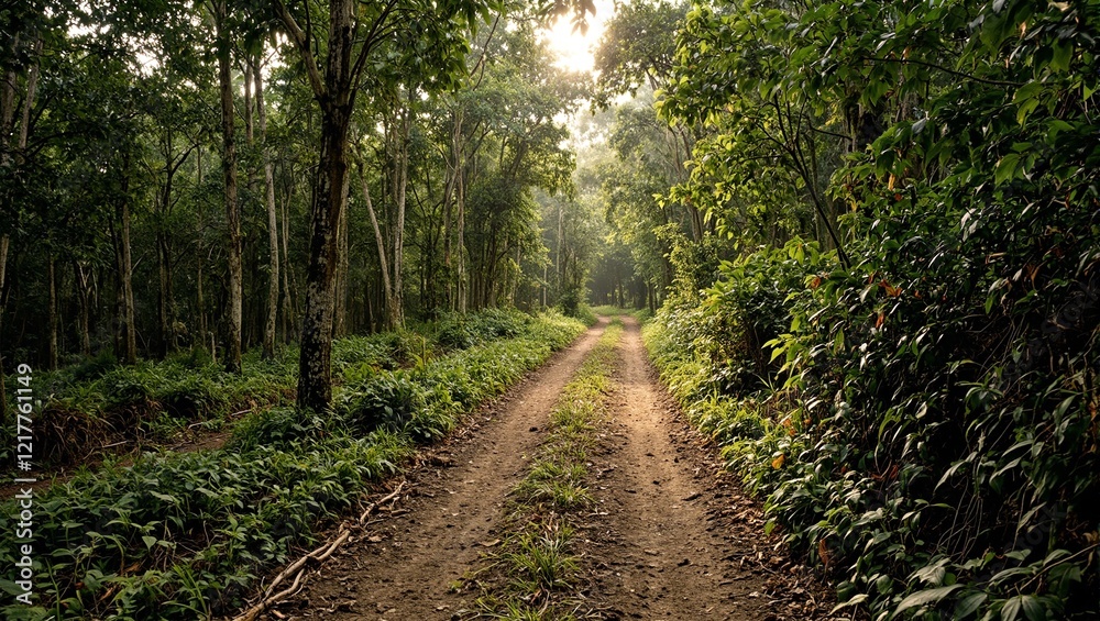 Enchanting dirt road in Amazon rainforest with towering trees and dappled sunlight Enchanting dirt road in Amazon rainforest with towering trees and dappled sunlight
