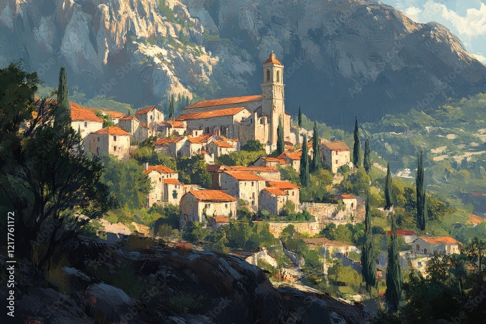 Obraz premium Scenic Village of Gord in Provence, France: A Charming Town Nestled Among Hills and Cliffs with Historic Castle and Cathedral