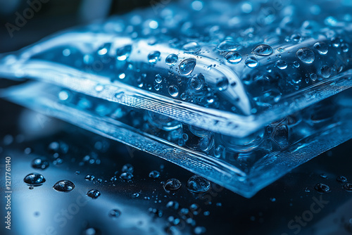 Close-up of a gel ice pack with water droplets on its surface, reflecting light in a cool setting