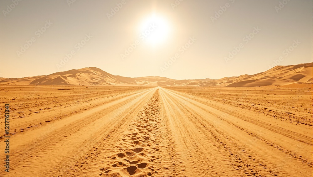 Desolate road in Sahara Desert camel tracks golden dunes harsh sun