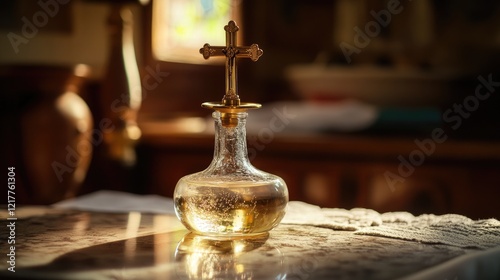 Sacred Essence: Bottle of Holy Water with Cross Detail on Elegant White Table