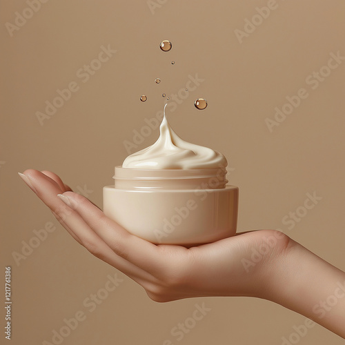 A hand holding a jar of whipped cream moisturizer with droplets splashing above on a beige background