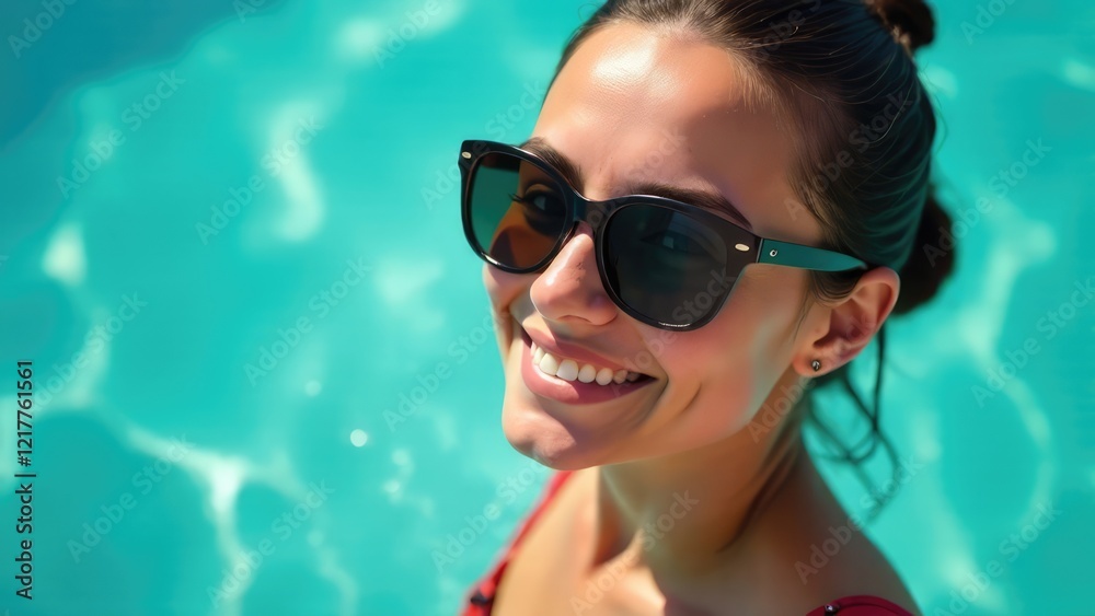 A smiling woman wearing sunglasses is in a pool with clear turquoise water. Concept of: Sunny days and summer joy. A smiling woman wearing sunglasses is in a pool with clear turquoise water. Concept of: Sunny days and summer joy.