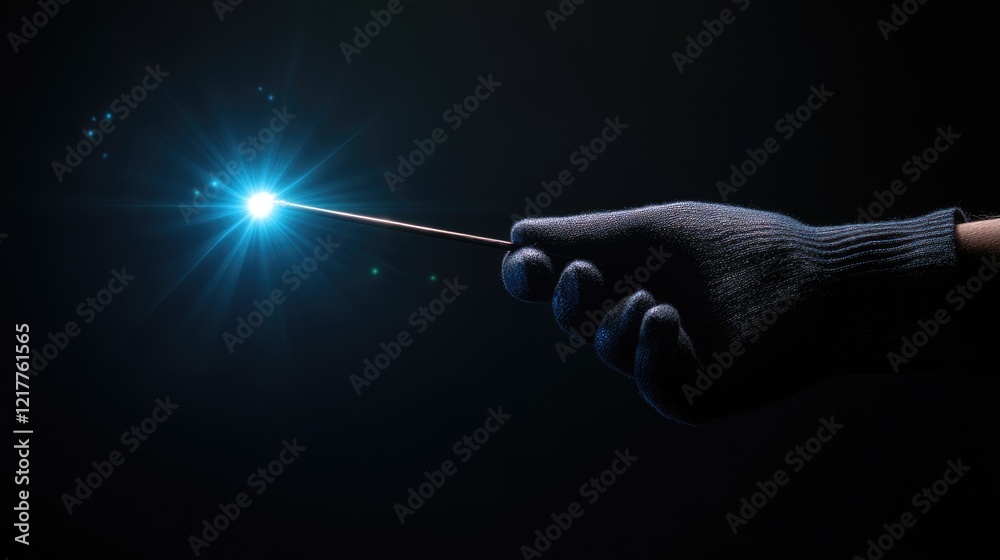 Fototapeta premium Illusionist's Hands Crafting Magical Tricks with a Wand in a Dazzling Light Performance