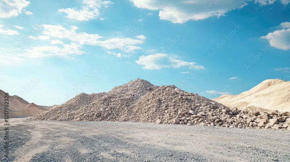 Vast Mountain of Gravel Surrounded by Machinery at a Stone Processing Plant under Bright Blue Skies Vast Mountain of Gravel Surrounded by Machinery at a Stone Processing Plant under Bright Blue Skies