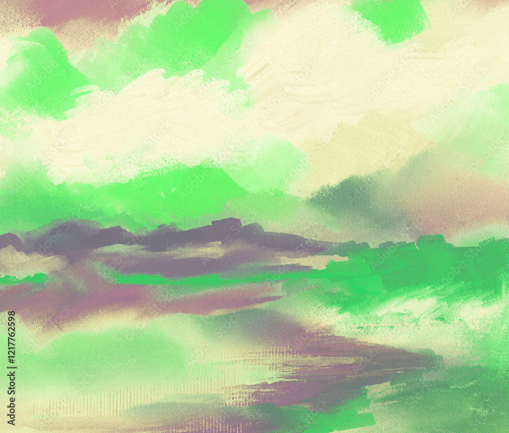 Fototapeta premium Impressionistic Landscape of a Sunset Sunrise in Vibrant Colors Digital Painting, Design, Illustration, Art, Artwork with Texture in lime green & Purple