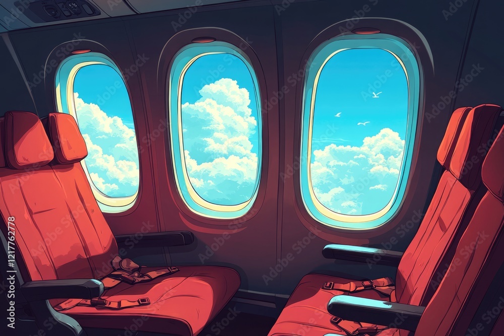 Spacious Aircraft Cabin. Unoccupied Seats with Cloudy Blue Sky View Through Window Spacious Aircraft Cabin. Unoccupied Seats with Cloudy Blue Sky View Through Window