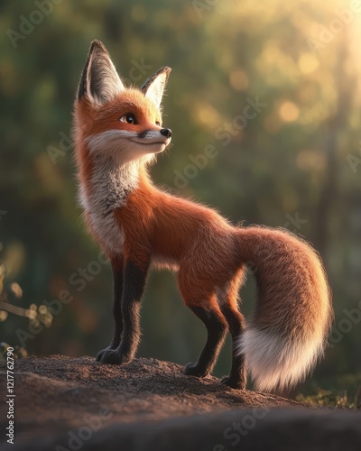 Red fox standing on rock, forest sunset, digital art, children's book