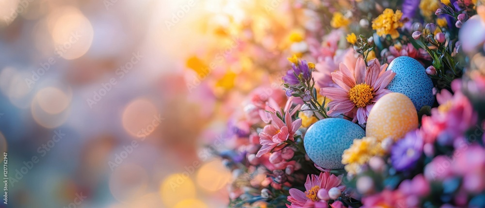 Colorful Easter eggs rest on a vibrant flower bush, symbolizing the joy and renewal of the Easter season. Colorful Easter eggs rest on a vibrant flower bush, symbolizing the joy and renewal of the Easter season.