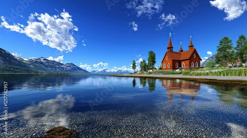 Lakeside red church, mountains, calm water, summer sky, scenic postcard
