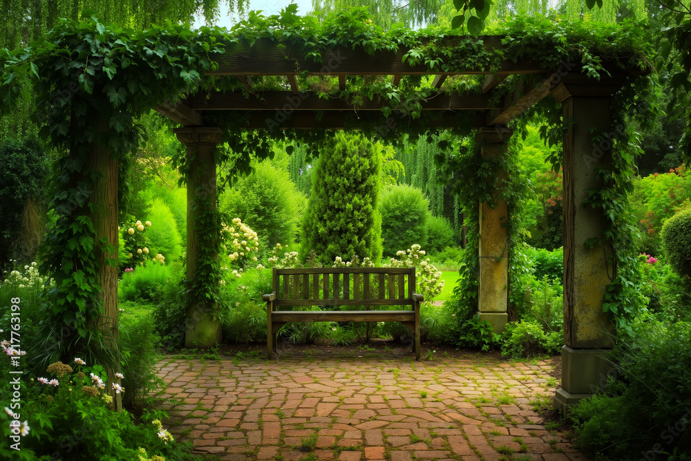 A wooden bench sitting under a wooden arbor in a garden A wooden bench sitting under a wooden arbor in a garden