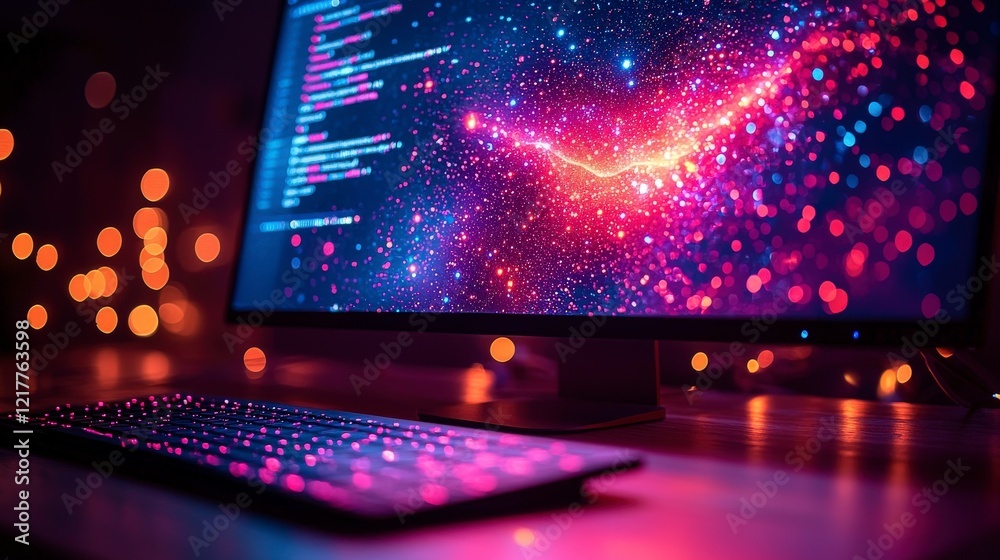 This visually striking image displays a laptop showcasing cosmic digital art, where vibrant colors blend with lines of programming code, symbolizing creativity and innovation. This visually striking image displays a laptop showcasing cosmic digital art, where vibrant colors blend with lines of programming code, symbolizing creativity and innovation.