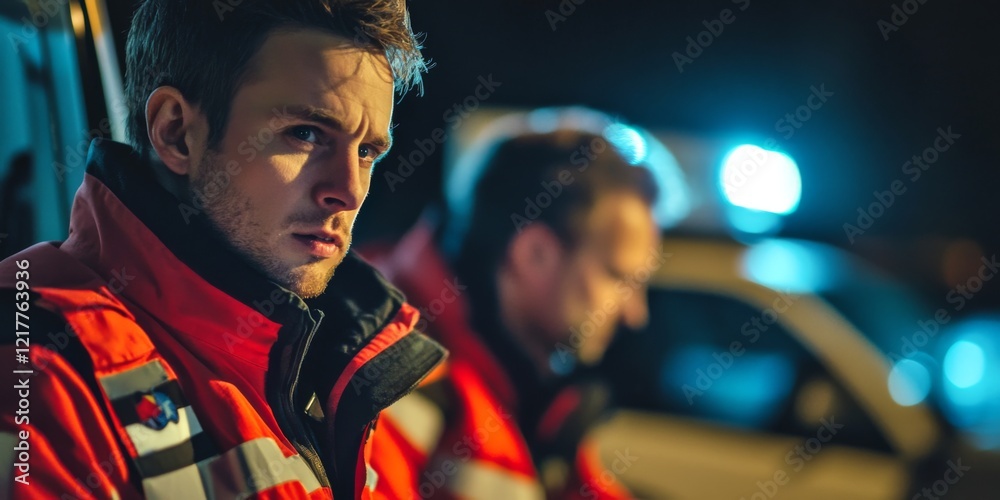 Obraz premium Emergency responders work at night. Their expressions show determination and focus. This dramatic scene captures the urgency of rescue missions. It highlights teamwork and dedication. AI