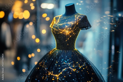 Elegant black dress adorned with glowing constellations displayed in modern boutique photo