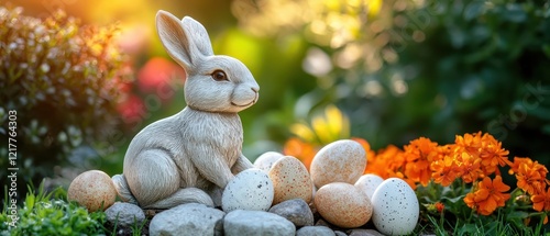 A charming rabbit statue rests on a colorful pile of eggs, symbolizing the joy of Easter celebrations.