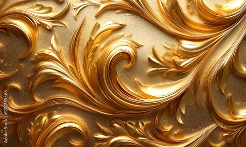 Detailed golden floral art nouveau pattern background with glossy textures and intricate designs