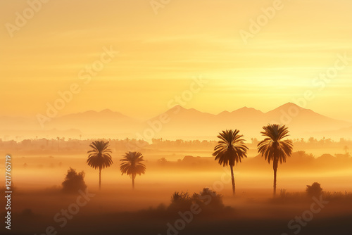 serene sunrise over misty palm trees and distant mountains in a golden landscape