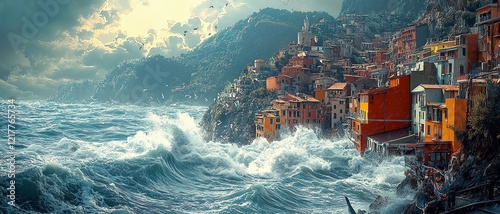 This is an illustration depicting the sea swallowing a coastal city due to a tsunami, the water level rising, and a village on the mountainside being submerged.
