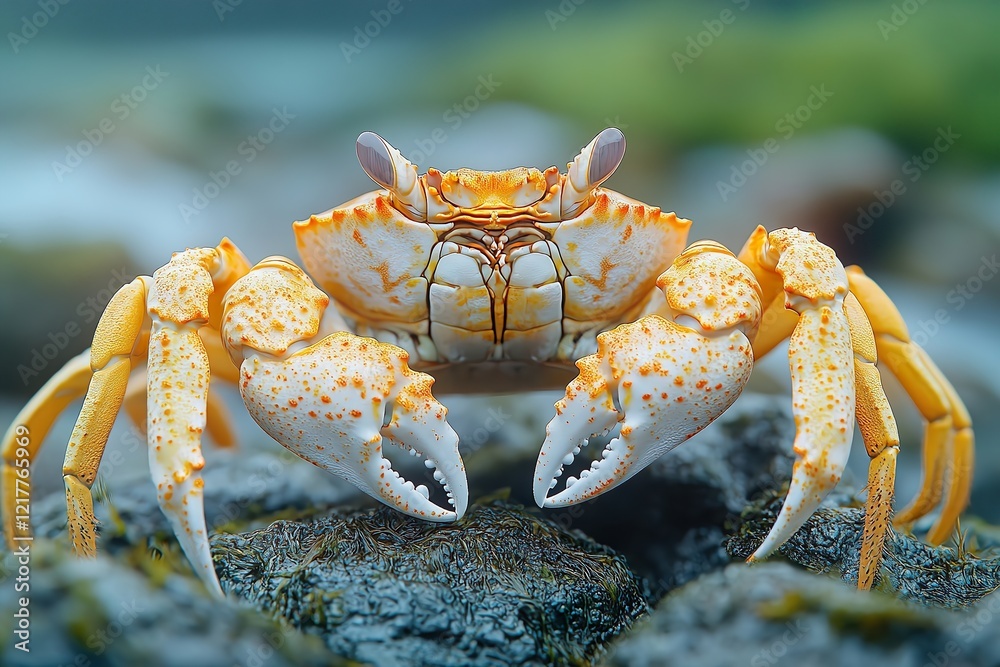 Photo of a wild white crab with large claws and orange spots in a mossy rock pool Photo of a wild white crab with large claws and orange spots in a mossy rock pool