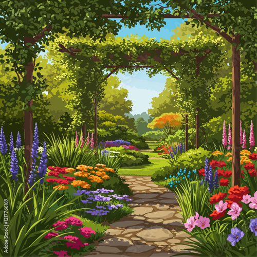 garden with flowers and trees, garden with flowers