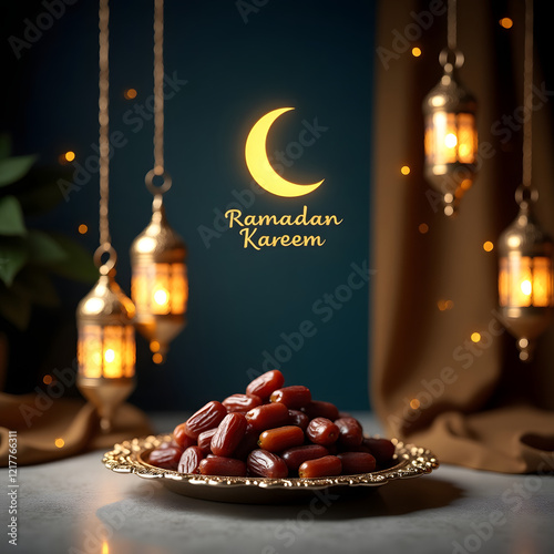 Elegant Ramadan Design Featuring Dates and Glowing Lanterns