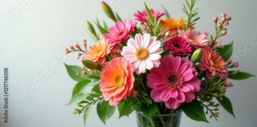 Freshly cut bouquet of mixed flowers with lush foliage, foliage, flowers, mixed