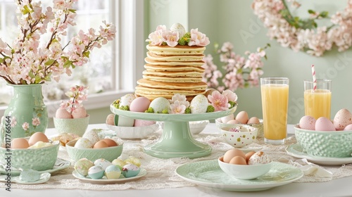 Wallpaper Mural A festive table is adorned with various plates of food and colorful Easter eggs. Torontodigital.ca