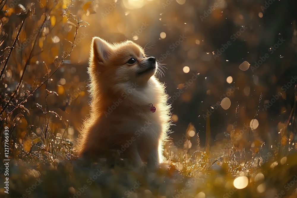 Obraz premium Side view of a cute pet dog with long brown fur sitting and looking up at something in a forest full of dry grass
