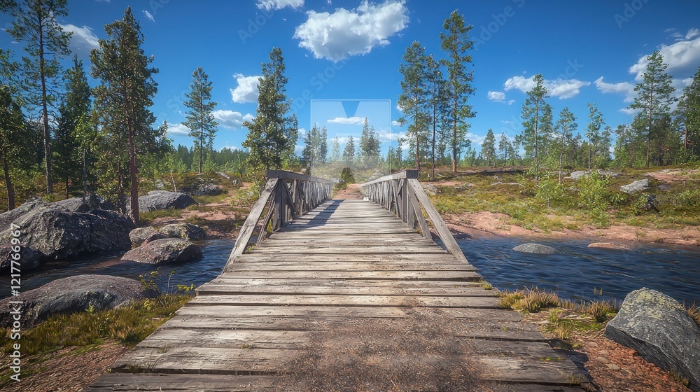 Fototapeta premium Rustic wooden bridge crossing stream, forest background, sunny day, nature scene