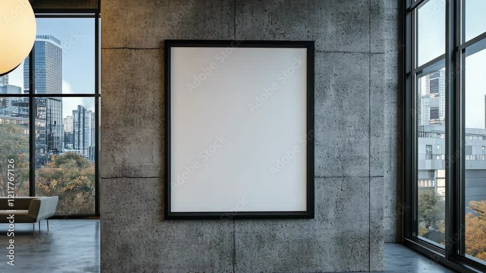 Modern gallery space with empty frame showcasing minimalist design and city skyline view Modern gallery space with empty frame showcasing minimalist design and city skyline view