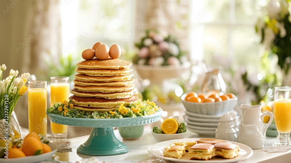 A festive table displays a cake, colorful eggs, orange juice, and various foods, celebrating the joy of Easter. A festive table displays a cake, colorful eggs, orange juice, and various foods, celebrating the joy of Easter.