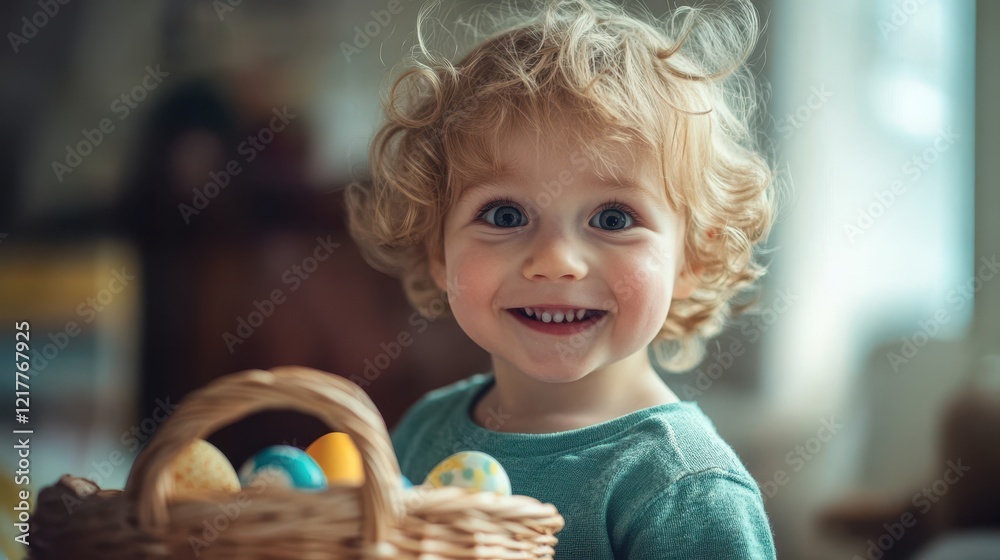 A little girl joyfully holds a basket filled with colorful Easter eggs. A little girl joyfully holds a basket filled with colorful Easter eggs.