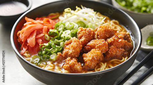A vibrant bowl of ramen with chicken karaage on the side served with soy-based broth pickled ginger and scallions.