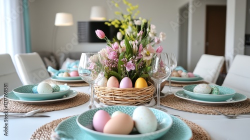 Wallpaper Mural A festive table is adorned with various plates and bowls filled with colorful Easter eggs. Torontodigital.ca