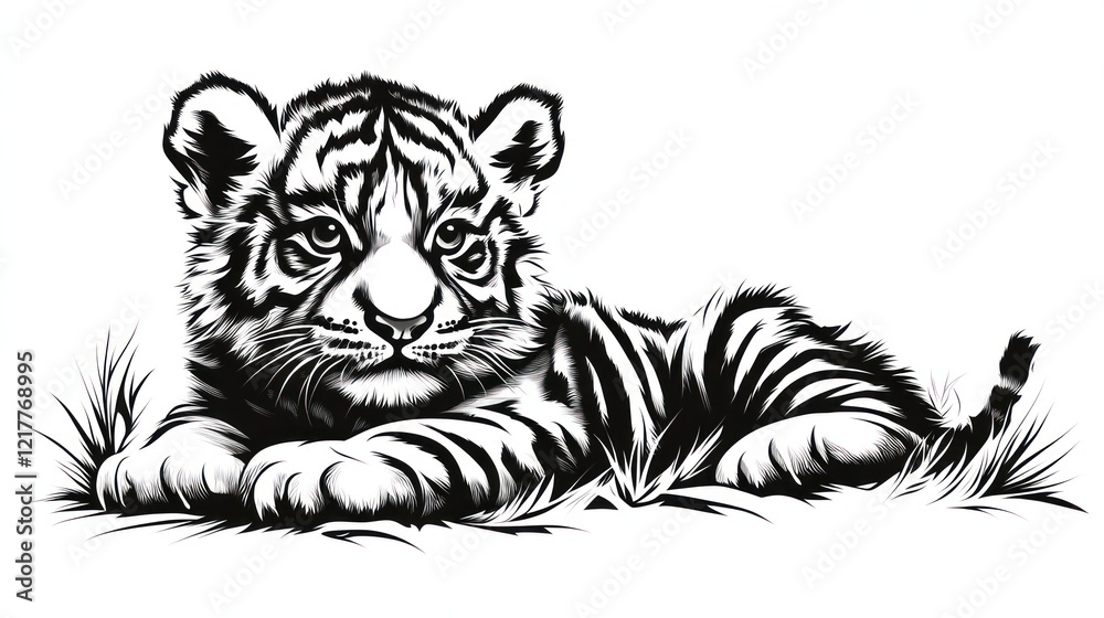 Obraz premium Tiger cub lying in grass, isolated background, vector illustration, for educational use