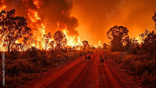 Dramatic Australian Outback wildfire scene with kangaroos fleeing photo