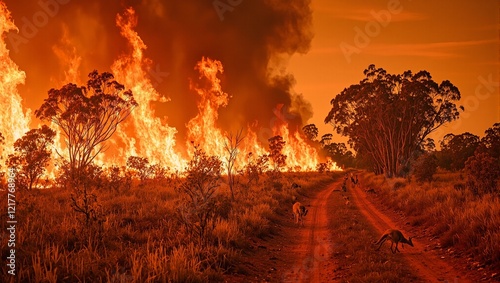 Dramatic Australian Outback wildfire scene with kangaroos fleeing photo